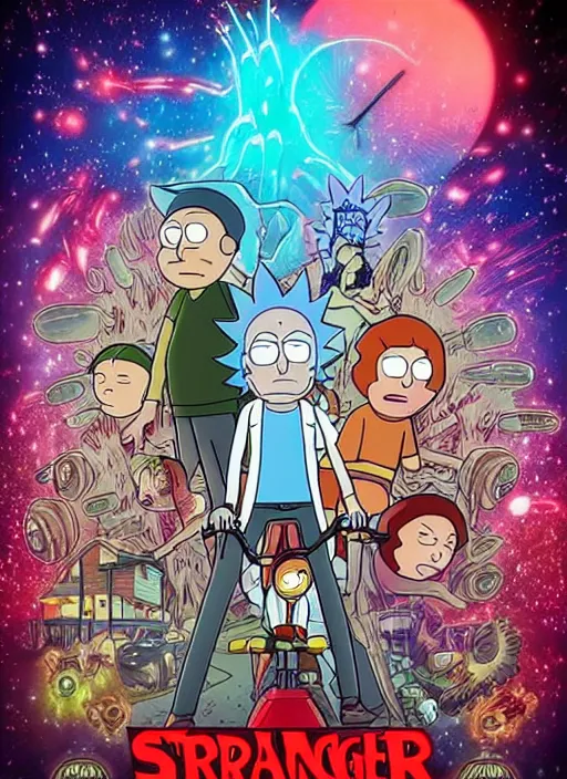 Image similar to rick and morty in the style of stranger things movie poster