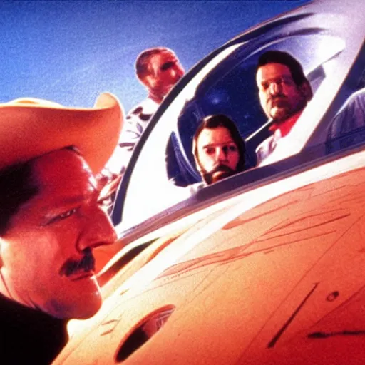 Prompt: wyatt earp as the 1 2 th member of oceans eleven, group photo, in a spaceship cockpit, traveling into a blackhole, movie still, high fidelity