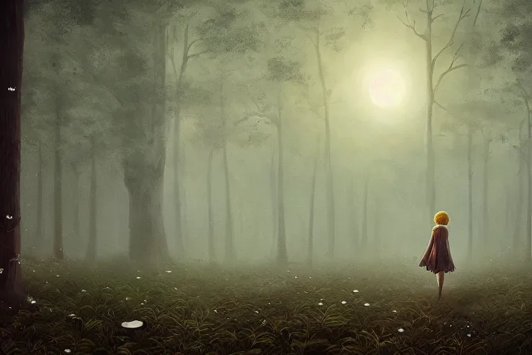 Image similar to giant white daisy flower head, girl walking in dark forest, surreal photography, dark night, stars, moon light, impressionist painting, clouds, digital painting, artstation, simon stalenhag