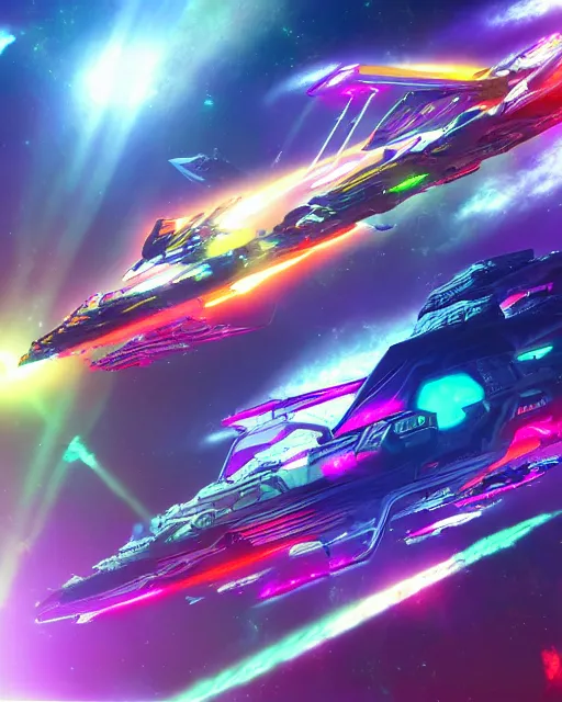 Image similar to Detailed epic render of scifi space battleship with vivid neon colors and atmosphere