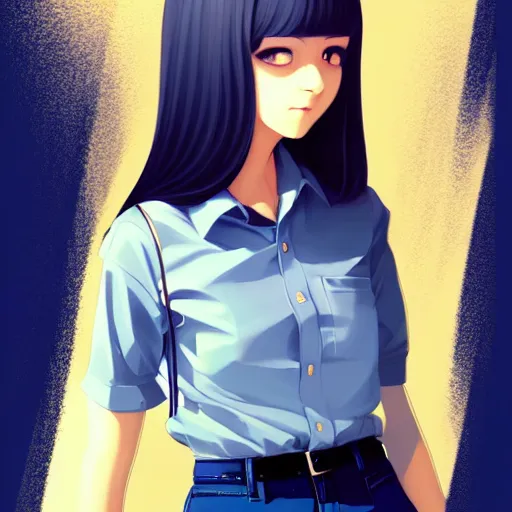 Image similar to urban high school girl in shirt fanart, dark blue long hair, muted colors, matte print, pastel colors, ornate, digital art, digital painting, fan art, elegant, artstation, by Ilya Kuvshinov