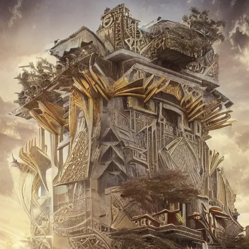 Image similar to modernist bauhaus style neverending story fractal palace, ultra realistic, concept art, intricate details, serious, highly detailed, photorealistic, octane render, 8 k, unreal engine, art by todd mcfarlane and artgerm and greg rutkowski and alphonse mucha