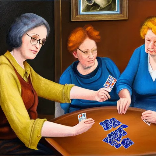 Image similar to 2 old ladies in a blue and brown shirt and a woman playing cards in a commieblock apartment, still life painting, high detail, oil painting