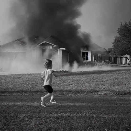 Prompt: child running, away from a house fire, kodak tri-x style, portrait, moody lighting