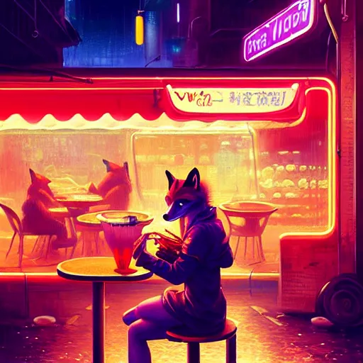 Prompt: splash art of anthropomorphic female vulpes vulpes fulva woman sitting at a noodle stand eating noodles in the crowded street of a cyberpunk city, rain, harsh neon lighting, realistic ultra detailed, by greg rutkowski, wlop, ilya kuvshinov, artgerm