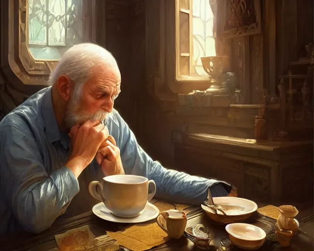 Image similar to a tired old man drinking tea, deep focus, d & d, fantasy, intricate, elegant, highly detailed, digital painting, artstation, concept art, matte, sharp focus, illustration, hearthstone, art by artgerm and greg rutkowski and alphonse mucha