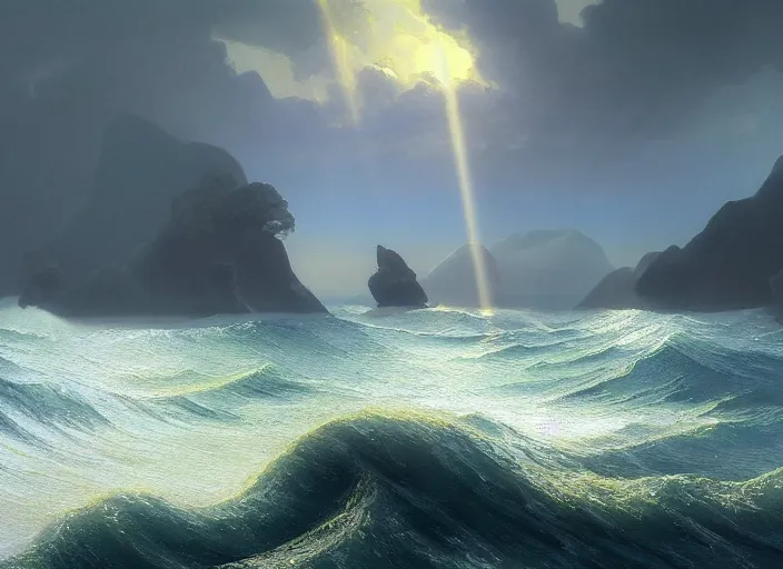 Prompt: an seascape painted by, mc escher, gordon onslow ford, georgia o'keeffe and ivan aivazovsky, cinematic light, god rays, unreal engine, zbrush central,