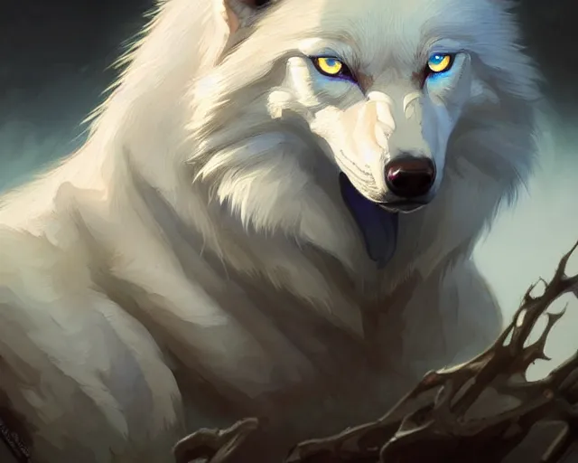 Image similar to albino wolf with blue eyes, deep focus, d & d, fantasy, intricate, elegant, highly detailed, digital painting, artstation, concept art, matte, sharp focus, illustration, hearthstone, art by artgerm and greg rutkowski and alphonse mucha