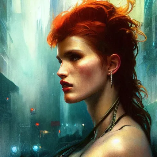 Image similar to bella thorne, hyperrealistic portrait, bladerunner street, art of elysium by frank frazetta and jeremy mann and alphonse mucha, fantasy art, photo realistic, dynamic lighting, artstation, poster, volumetric lighting, very detailed face, 4 k, award winning