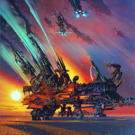 Prompt: Michael Whelan, John Harris, David Hardy, John Berkey, Chris Foss, Chris Moore, Vincent Di Fate, Jim Burns