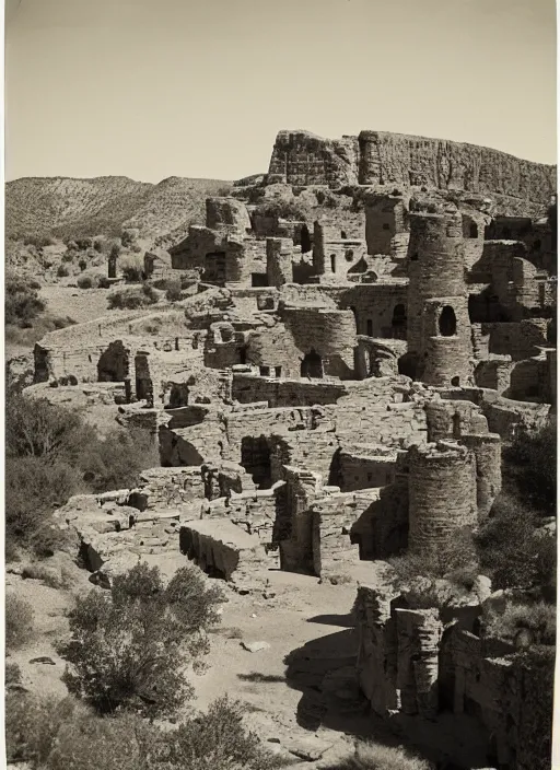 Image similar to Photograph of ancient pueblo ruins in a canyon, showing terraced gardens and lush desert vegetation in the foreground, albumen silver print by Timothy H. O'Sullivan.