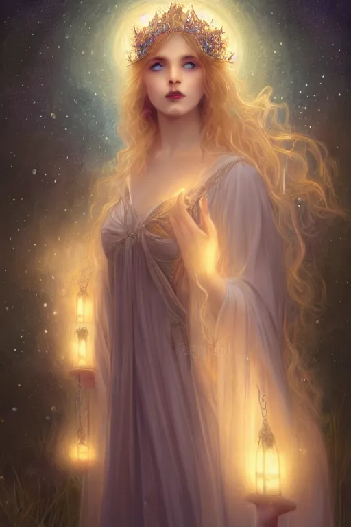 Prompt: Nocturne, glowing, stars, beautiful sly fae bohemian girl, long blonde hair, tiara, medieval gown, highly detailed, mysterious, ethereal, sigils, haute couture, illustration, dramatic lighting, soft details, painting, by Edmund Blair Leighton, Brom, Charlie Bowater, trending on artstation, faces by otto schmidt