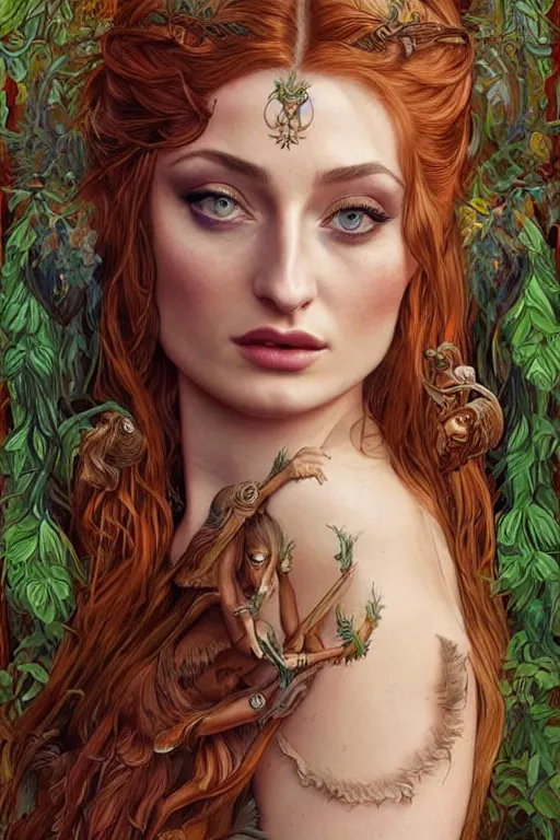 Prompt: Sophie Turner as the Queen of the Jungle, cute, fantasy, intricate, elegant, highly detailed, digital painting, 4k, HDR, concept art, smooth, sharp focus, illustration, art by artgerm and H R Giger and alphonse mucha