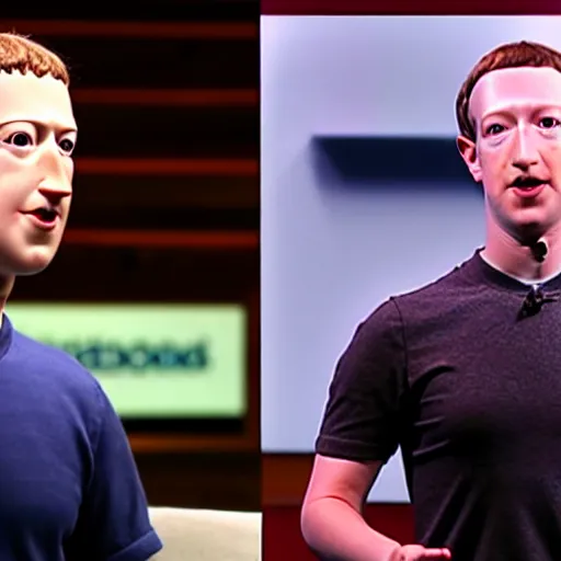 Image similar to A heated argument between animatronic Mark Zuckerberg and animatronic Mark Zuckerberg