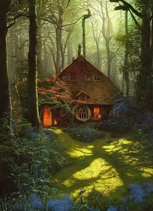 Image similar to hyper realistic witch cottage with happy lighting and technology in the woods gorgeous lighting, sunbeams blue sky, highly detailed photoreal, lush forest foliage painting by zdzisław beksinski and norman rockwell and greg rutkowski weta studio, and lucasfilm