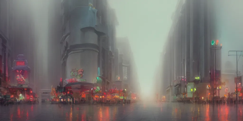 Prompt: street at las vegas, foggy rainy day, matte painting, studio ghibli, artstation