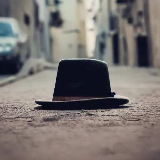 Image similar to 35mm lens photo of a floating hat in a back street, cinematic, depth of field, bokeh, atmospheric, 8k, trending on artstation