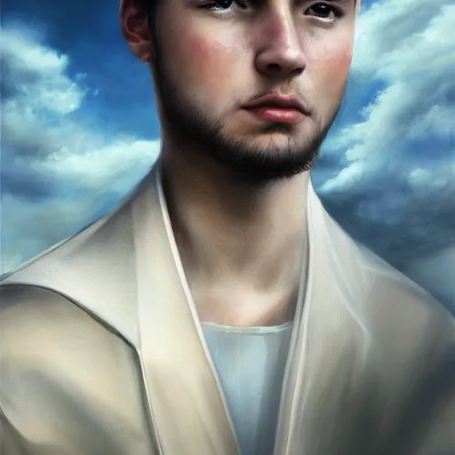 Image similar to a portrait of a young handsome prince with white fringy hair, epic clouds, beautiful landscape, backlit, incredible lighting, strong rim light, highly detailed, digital painting, HDRI, by Heise Jinyao, Heise-Lian Yan Fang, Feimo, Richard Taddei, vivid colors, high contrast, 8k resolution, intricate, realistic anime, trending on artstation