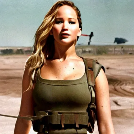 Prompt: promo shot of Jennifer Lawrence in a remake of GI Jane (2029)