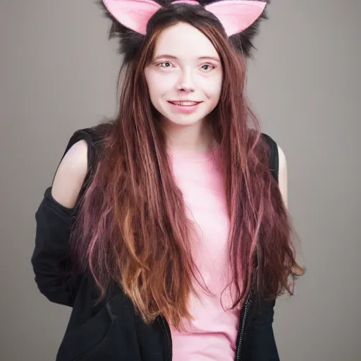 Image similar to photo of a young woman with messy pink hair and cat ears