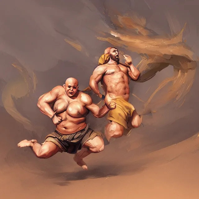 Prompt: male monk who is short fat and somewhat muscular running at full speed without shirt, concept art, oil painting, DND, In the art style of Mohrbacher, Peter