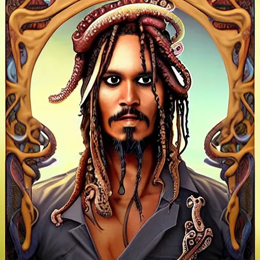 Image similar to Lofi BioPunk Lovecraft Lovecraftian portrait of Jack Sparrow with an octopus Pixar style by Tristan Eaton Stanley Artgerm and Tom Bagshaw