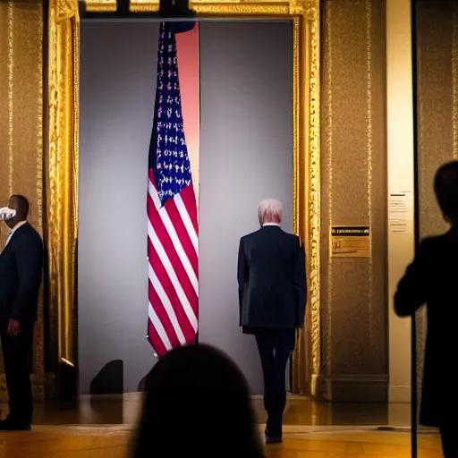 Image similar to biden watching a trump exhibition in a museum, studio lighting, photography, highly detailed, 4 k