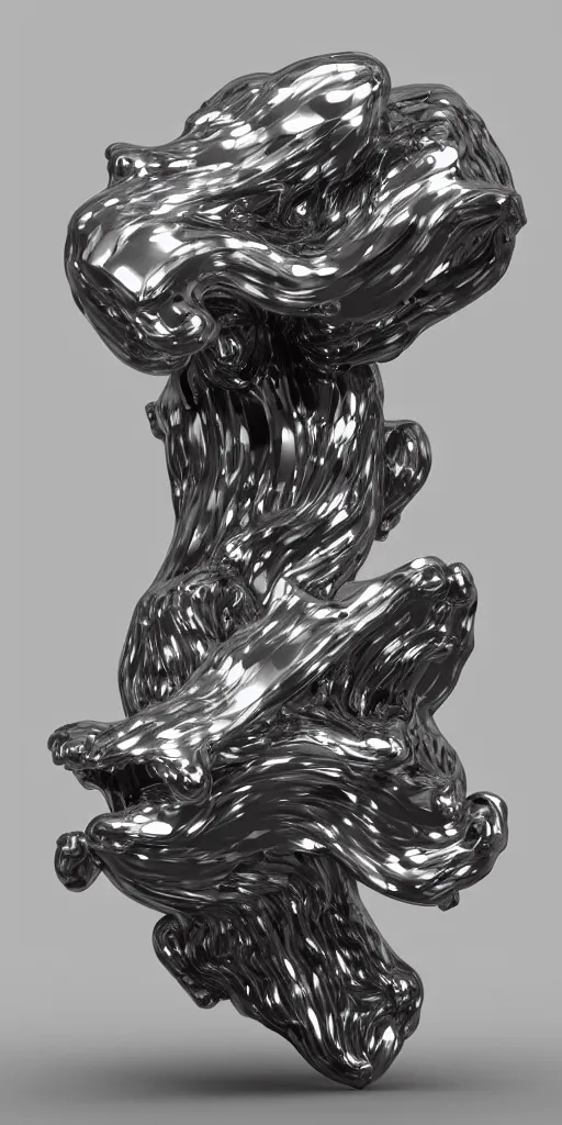 Image similar to 3 d render of a sculpture, chrometype, liquid metal, neotribal, raytraced, volumetric lightning, 8 k, innate studio