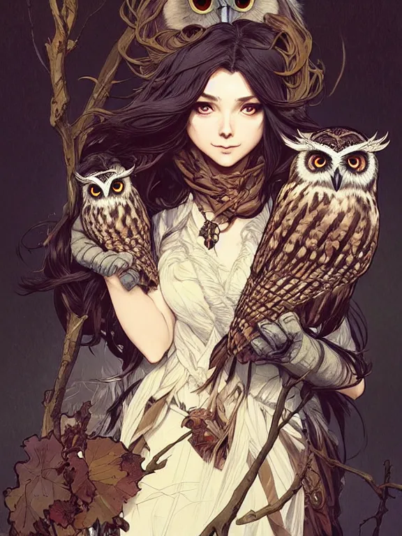 Image similar to full body picture of a huntress with owls in the winter, bored, coveted, beautiful and aesthetic, intricate, unreal engine, messy hair, highly detailed, detailed face, smooth, sharp focus, chiaroscuro, manga illustration, artgerm, greg rutkowski, ilya kuvshinov, rossdraws, alphonse mucha, young adult light novel cover art