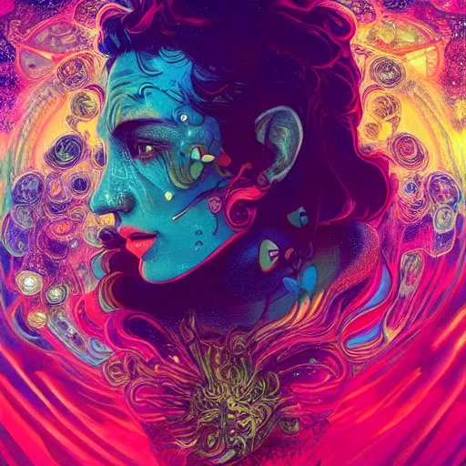 Image similar to An extremely psychedelic experience, colorful, surreal, dramatic lighting, cosmonaut, LSD, face, detailed, intricate, elegant, highly detailed, digital painting, artstation, concept art, smooth, sharp focus, illustration, art by Sam Spratt, Dan Mumford, Artem Demura and Alphonse Mucha