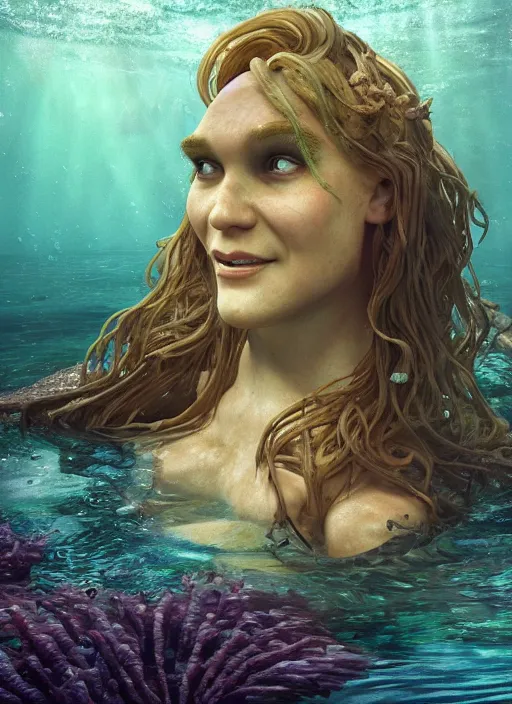 Image similar to underwater portrait of shrek as a mermaid, au naturel, hyper detailed, digital art, trending in artstation, cinematic lighting, studio quality, smooth render, unreal engine 5 rendered, octane rendered, art style by klimt and nixeu and ian sprigger and wlop and krenz cushart.