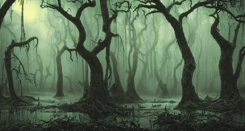 Prompt: A dense and dark enchanted forest with a swamp, by David A. Hardy