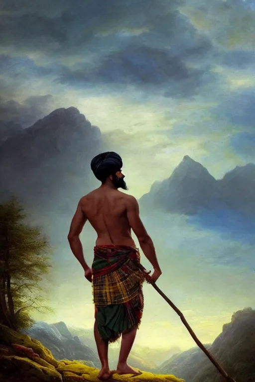 Prompt: an ethereal dramatic beautiful painting of a handsome shirtless desi man in the mountains | he is wearing a scottish plaid kilt and cowboy hat, and holding a long staff | epic adventurous pose | background is mountains and clouds | dramatic lighting, golden hour, homoerotic | by clyde aspevig and albert bierstadt and caspar david friedrich | trending on artstation