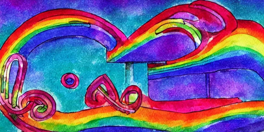 Image similar to musical notes in a prism rainbow, a curvy staff of musical notation flowing out of a prism rainbow. comic book watercolor, in the style of Pink Floyd Dark Side of the Moon
