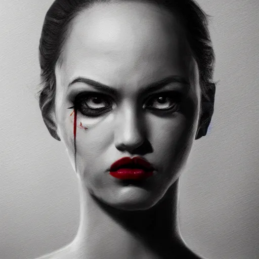 Image similar to angry and disgruntled mom, detailed face with red lips, black eyes and large forehead, detailed body, moody atmosphere, digital art, highly detailed, high contrast, beautiful lighting, award winning, trending on art station, photorealistic, 8 k,