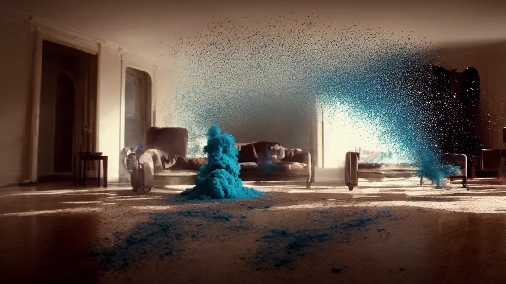 Image similar to colored powder explosion in the living room, film still from the movie directed by Denis Villeneuve with art direction by Salvador Dalí, wide lens