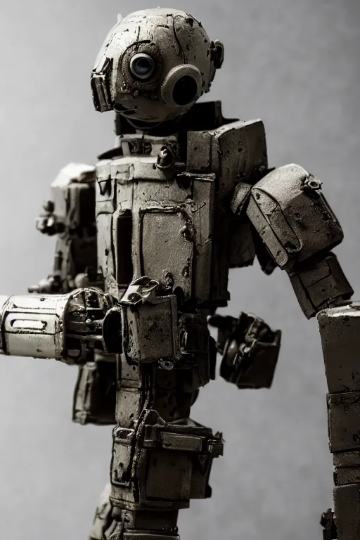 Image similar to a cinematic photo shot of a beautiful 1 : 6 scale threea toys figurine by ashley wood, world war one robot,, intricate dark background, dramatic light