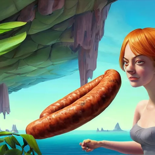 Image similar to emma stone surprised to see flying big italian sausages by concept artist gervasio canda, behance hd by jesper ejsing, by rhads, makoto shinkai and lois van baarle, ilya kuvshinov, rossdraws global illumination radiating a glowing aura global illumination ray tracing hdr render in unreal engine 5