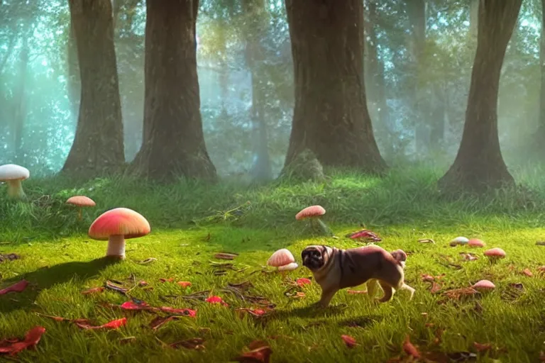 Image similar to A Pug walking in an enchanted fantasy forest. Glowing mushrooms. Colorful. Cinematic lighting. Photorealism.