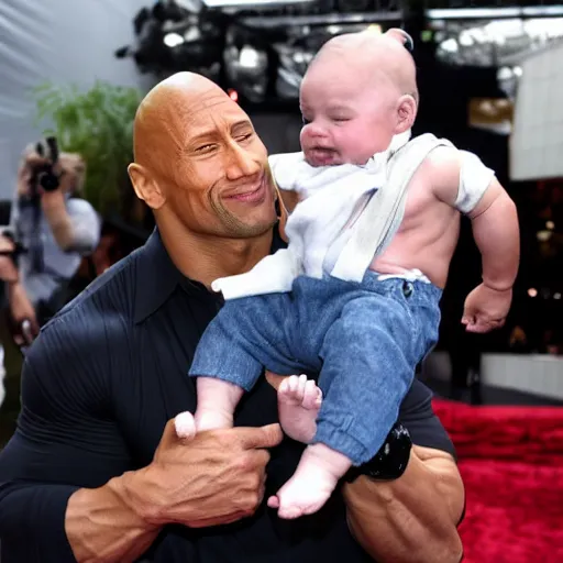 Image similar to Dwayne Johnson carries baby Yoda in his hands