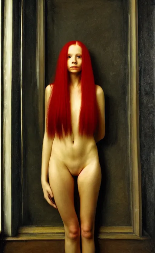 Image similar to portrait of a girl with long red hair, very beautiful style, the girl standing in a black room by the window, in a gold suit, photorealism, andrei tarkovsky maurilio manara,