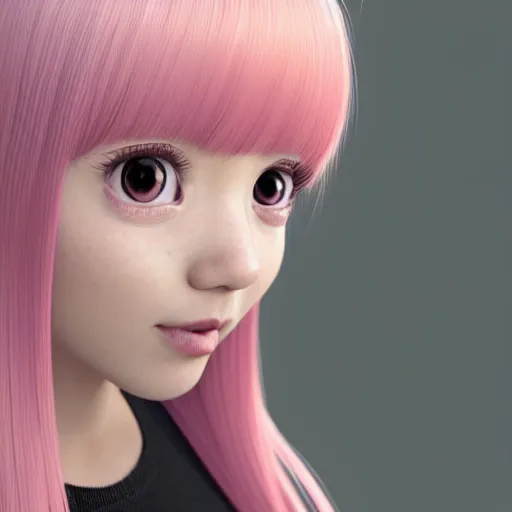 Image similar to A portrait of Nikki from Shining Nikki and Love, a cute 3d cgi toon young woman with long light pink hair, full bangs, hazel eyes, full face, light makeup, pale skin, Chinese heritage, cute outfit, medium shot, mid-shot, hyperdetailed, 8k, trending on artstation, as a Pixar character