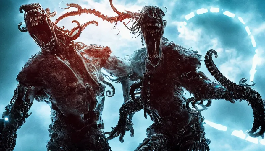 Image similar to Big budget movie about a cyborg demon fighting the kraken