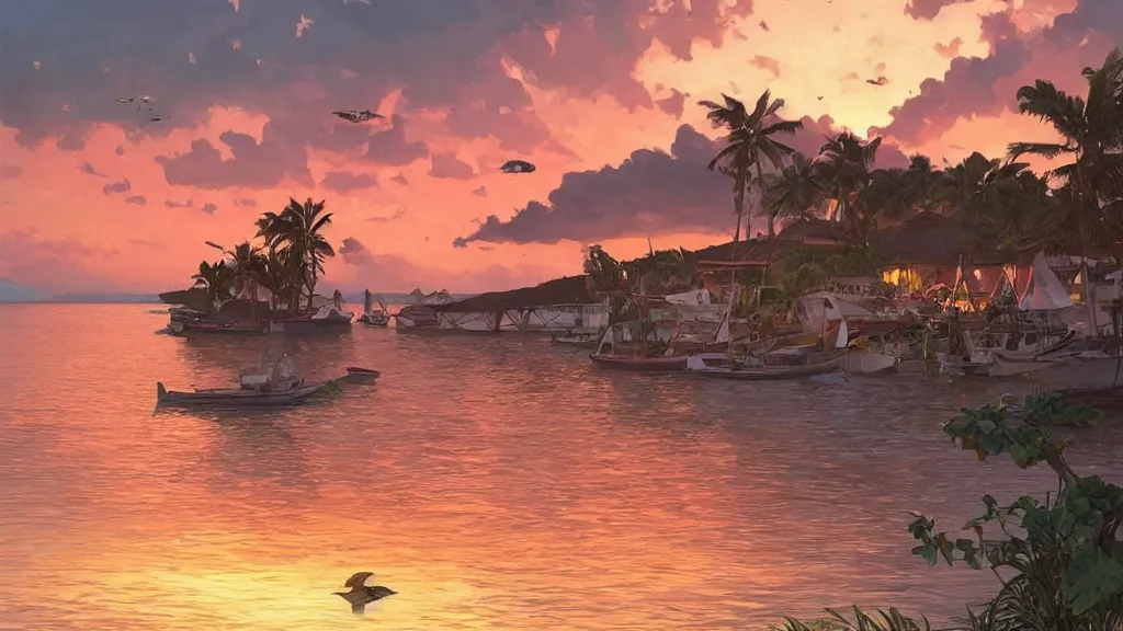 Image similar to sunset on caraibes, some boats, a few birds in the sky, sharp focus, illustration, paisible night lighting, incredible art by artgerm and greg rutkowski and alphonse mucha and simon stalenhag