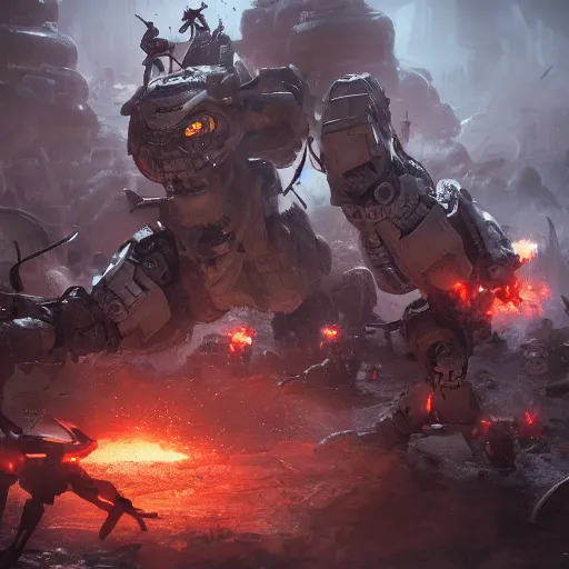 Image similar to advanced humanoid combat robots slaughtering a village in 2020, close up combat photography by Feng Zhu, highly detailed, excellent composition, cinematic concept art, dramatic lighting, trending on ArtStation