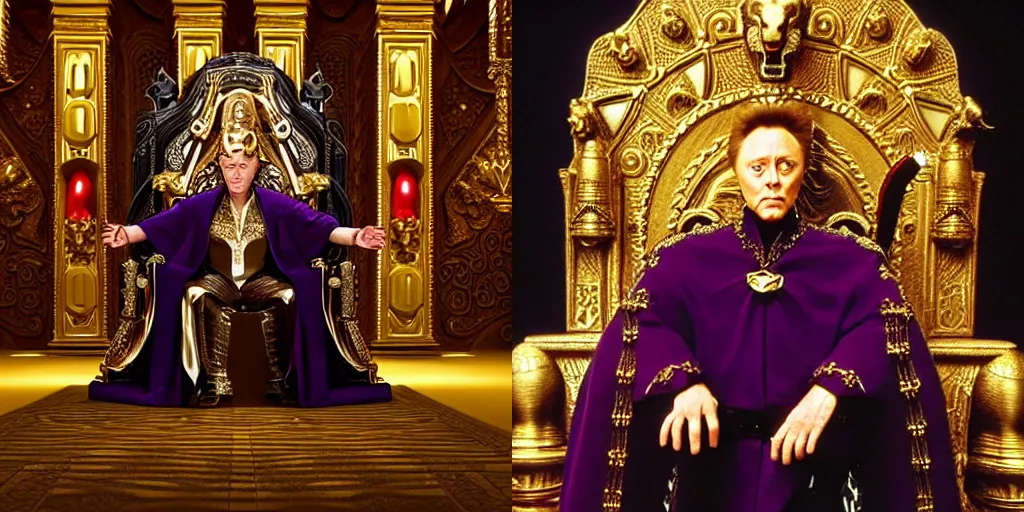 Prompt: Film still of one Christopher Walken as Emperor Shaddam IV (Dune) wearing ornate Tyrian-purple regal leather uniform with two gold-lion-shaped-pins sitting on an ornamented-golden-lion-throne in a dark long Romanesque marble-clad corridor-hall, where sunlight shines through small ornate windows casting shadows, dark atmospheric lighting, intricate details, cinematography by Stanley Kubrick, Ridley Scott