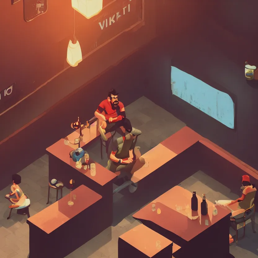 Image similar to virat kholi sitting in a bar, with a huge belly, drinking heavily, isometric, wide view, cinematic view, ultrarealistic, 8 k, unreal engine, by atey ghailan, artstation