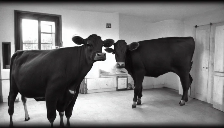 Image similar to a giants cow in a stalinist style kitchen, by mini dv camera, very very low quality, heavy grain, very blurry, accidental flash, caught on trail cam