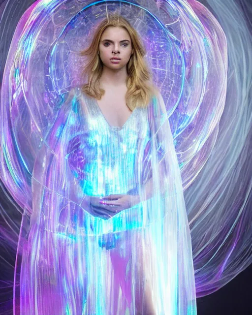 Image similar to annie leibovitz style photoshoot editorial of samara weaving as sue storm, the invisible woman from the fantastic four, she is wearing a beautiful iridescent shimmering, glowing jellyfish like wedding dress made from her force field powers, hyperreal, magical, translucent, iridescent, studio lighting, soft focus, bokeh, 5 0 mm