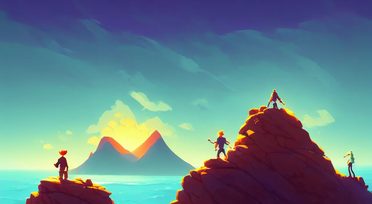 Image similar to a man who has a green square instead of a head in the middle of the ocean at sunset mountains are visible in the background, in marble incrusted of legends heartstone official fanart behance hd by Jesper Ejsing, by RHADS, Makoto Shinkai and Lois van baarle, ilya kuvshinov, rossdraws global illumination